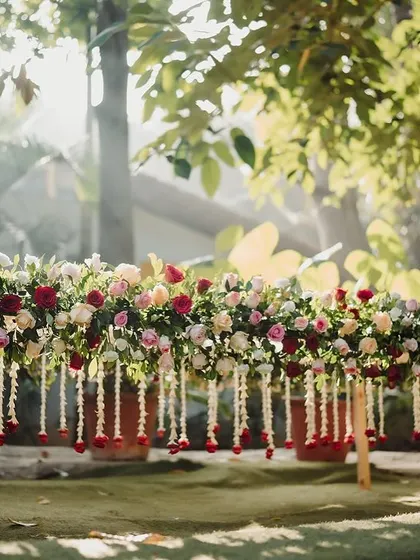 A floral arrangement with hanging jasmine, a beautiful and fragrant decor detail for a South Indian wedding.