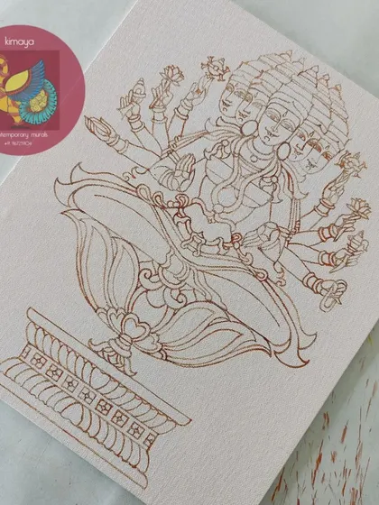 The clean brown outline of Sri Gayatri Devi, seated on her lotus. This 12x14 inch piece is defined by this delicate and precise linework.