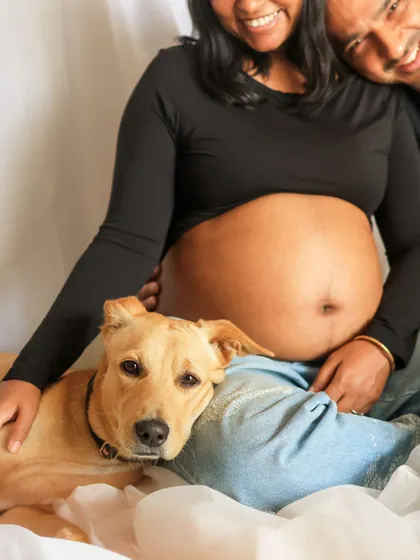 A close-up, tender moment from a maternity session. The way this sweet doggo rests his head on his mom's lap shows the deep, comforting bond they share as they await the new baby.
