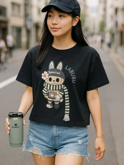 This black graphic t-shirt features a different Labubu design, showing the character holding a flower and wearing a striped scarf. It's another great option for fans looking to collect various styles from our extensive Labubu merch lineup.