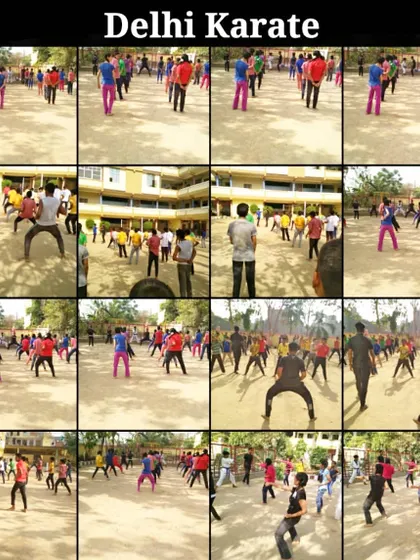 A collage showing a large-scale karate workshop conducted at a school. We are passionate about bringing the benefits of martial arts to the wider community.