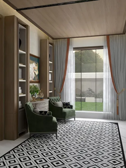 The same seating area viewed from a different angle, showing its connection to the outdoors. The large window allows natural light to fill the space, highlighting the rich texture of the green armchairs and the warm tones of the wooden ceiling.