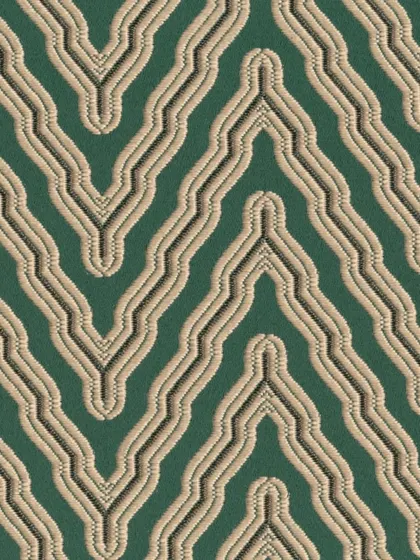 This close-up highlights a bold, embroidered chevron pattern. The raised, corded stitching on a deep green background creates a dynamic, three-dimensional effect, perfect for statement upholstery or accent pieces.