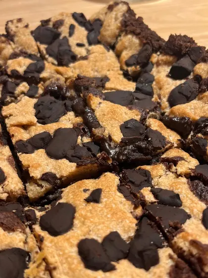 An unfiltered shot of our brookie, which is a cross between a brownie and a cookie. You can see the gooey chocolate chips ready to melt in your mouth.