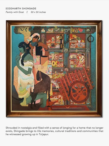 In this richly layered acrylic, Siddharth Shingade brings to life a memory from his homeland of Marathwada. The piece, titled "Family with Goat," is a beautiful example of his narrative style, blending folk traditions with a contemporary aesthetic to tell stories of rural life.