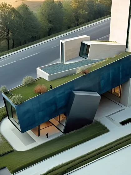 An aerial view of a conceptual clubhouse with a green roof and a striking blue metal facade.