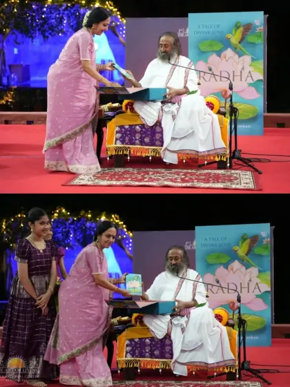 Bhanumathi Narasimhan presents her book 'Radha' to Gurudev during the launch event. It was a special moment, blessed by his presence.