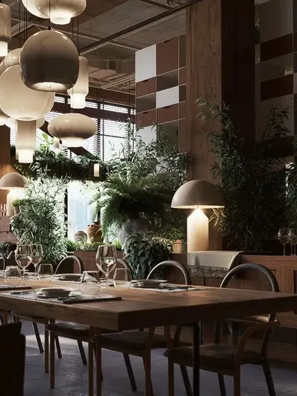 An identical view of the restaurant's main dining area, focusing on the warm and sophisticated ambiance.