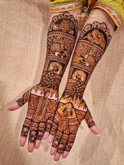 A beautiful bridal design featuring a bride portrait on the palm, surrounded by traditional peacock and elephant motifs.