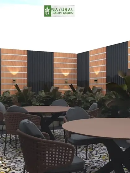 A proposed design for a rooftop cafe or restaurant seating area. The render features multiple tables on a patterned tile floor, with a water feature in the background.