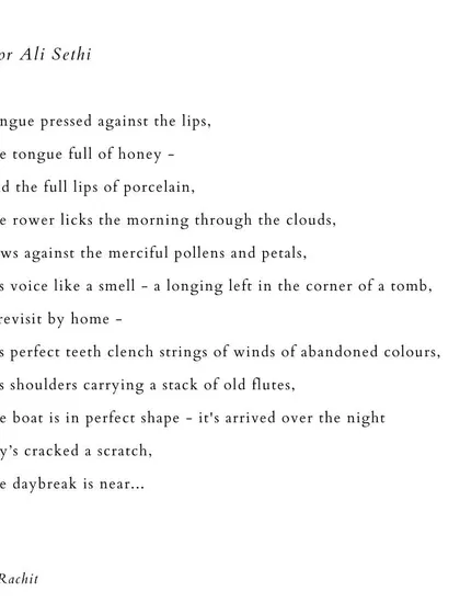 'For Ali Sethi'. A poem written for the musician, trying to capture the quality of his voice and its effect.