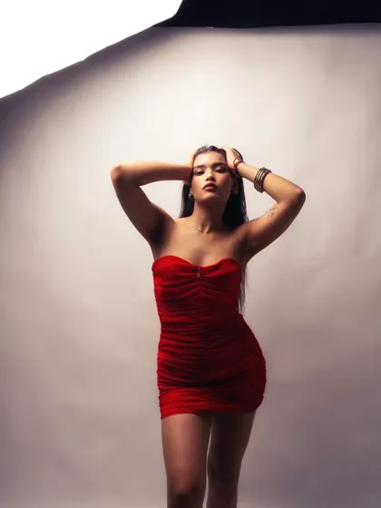 This image captures a powerful, expressive pose during the studio shoot. It demonstrates how I direct models to convey emotion, an essential part of creating compelling fashion and portrait photography.