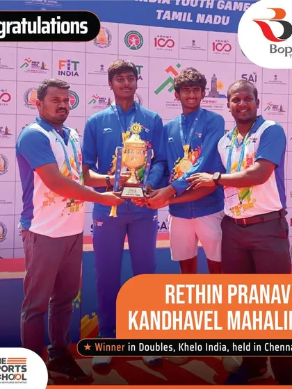 Double victory at Khelo India! Rethin Pranav and Kandhavel Mahalingam celebrating their doubles win in Chennai. Their partnership on the court is formidable.