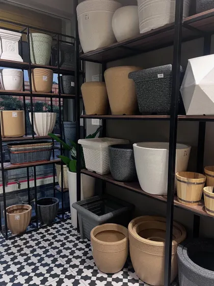 Shelves full of possibilities at our new Surathkal store. We have a wide range of fibre, ceramic, and metal planters in neutral tones to suit any minimalist or modern decor style.