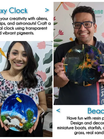 See the amazing results from our resin workshops! Participants show off their unique galaxy and beach art clocks, each a functional piece of decor they made themselves.