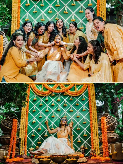 A collage from a lively Haldi ceremony, showing the bride having fun with her friends and posing joyfully.