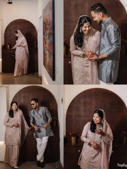 A fun and candid collage of the couple enjoying themselves indoors, showing their playful and affectionate relationship.