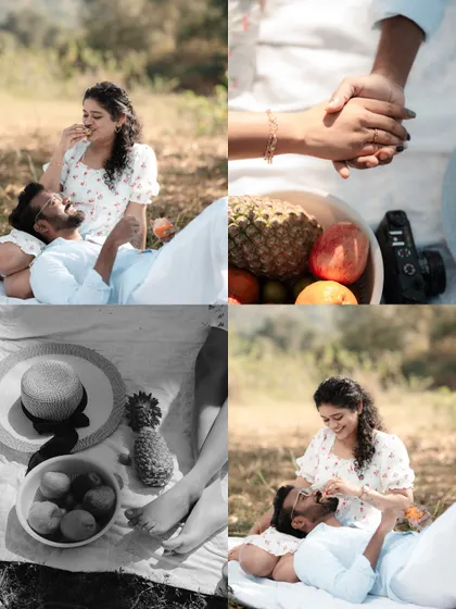 A four-panel collage capturing the sweet details of a picnic shoot. It includes moments of them feeding each other fruit, holding hands, and close-ups of their feet and the picnic basket.