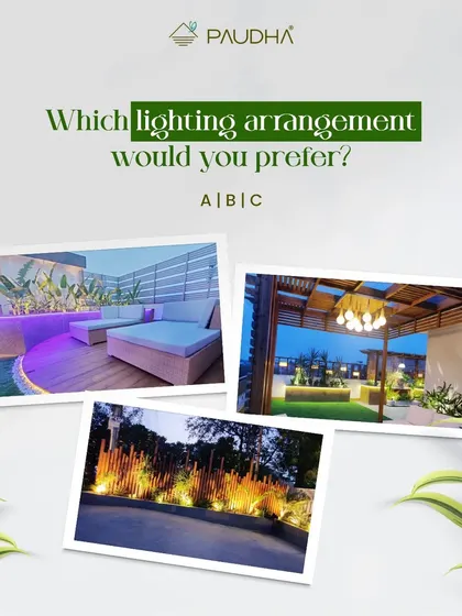 Lighting sets the stage for design perfection. This image asks you to choose your preferred style: the modern purple LEDs, the warm overhead pendants, or the dramatic uplighting in a garden bed.