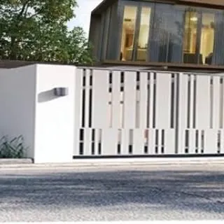 A modern gate design featuring vertical slats with varied spacing. This creates a visually interesting pattern that provides security without completely blocking the view, contributing to a modern facade design.