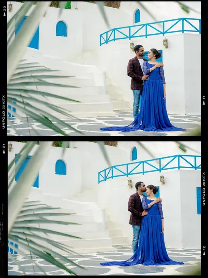 A collage of the couple posing against the beautiful white and blue architecture of a themed pre-wedding location.