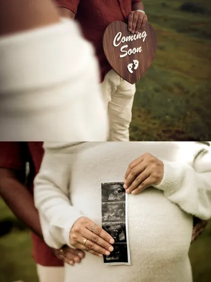 This collage pairs a surprise "Coming Soon" sign reveal with a close up of the sonogram held against the bump, capturing both a playful moment and a tender one.