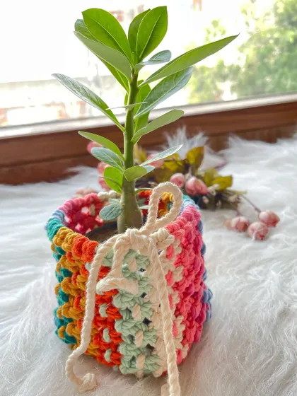 This is a multi-purpose macrame basket. You can use it as a colorful pot cover for a small plant, or as a holder for stationery, makeup brushes, or other small items.