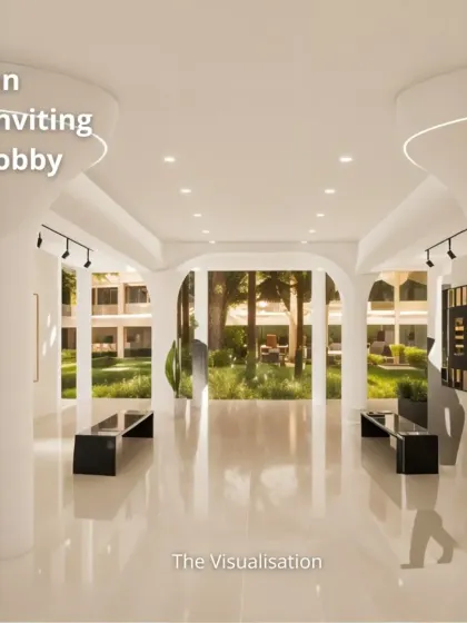 The journey from visualization to the built space in the inviting lobby of JNMC Wardha. This comparison shows how the initial render, with its focus on light and openness, was faithfully executed in the final construction.
