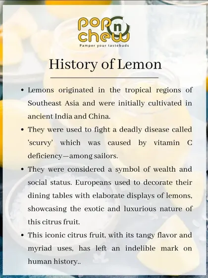 This graphic traces the zesty journey of the lemon. Originating in Southeast Asia, it was used by sailors to fight scurvy and became a symbol of wealth in Europe.