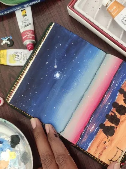 A personal painting from my sketchbook, capturing a memory of watching the stars with friends by the sea. These small, personal pieces are just as important to my artistic journey.
