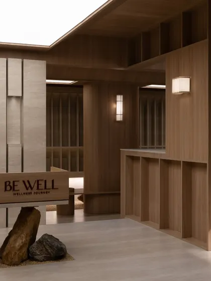 Further images from the BeWell, QBF Coffee, and Tubu projects, illustrating the consistent use of natural materials, clean lines, and thoughtful lighting to create serene and restorative commercial spaces.