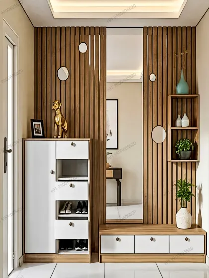 We specialize in creating entryways that are organized and welcoming. This custom foyer unit features a combination of closed and open shoe storage, a comfortable seating bench, a full-length mirror, and a stylish wooden slat partition for a clean, modern look.