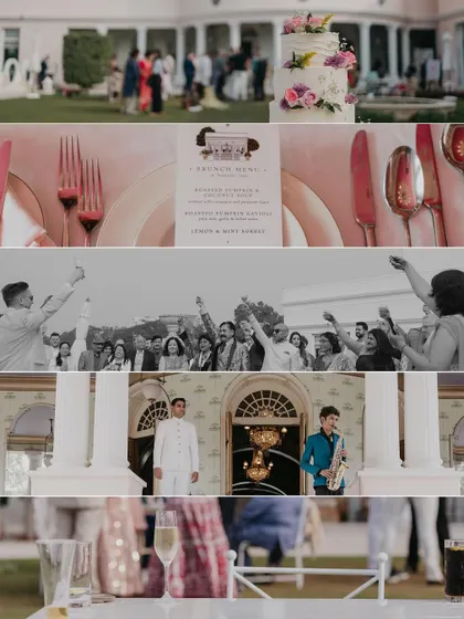 A collage of details from a palace wedding reception. The custom menu, elegant table settings, and celebratory cake are all part of the story.