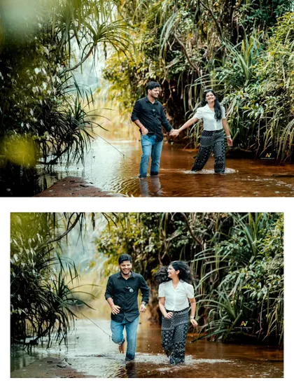 A collage of a couple walking and running through a stream, their joy and connection evident in every frame.