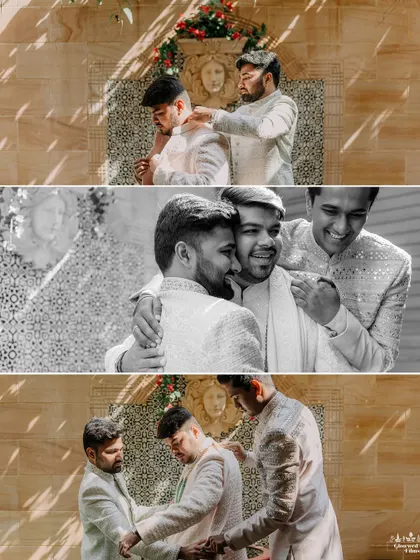The moments before the big moment. The groom gets ready with the help of his brothers and friends. These candid, emotional shots are a beautiful part of the wedding story.