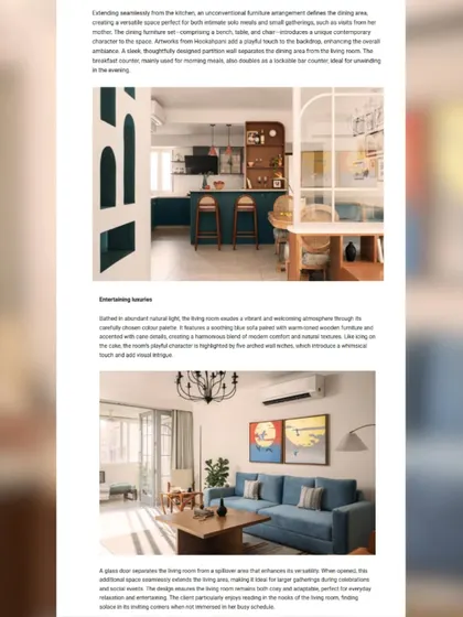 A page from the feature, showing how the open kitchen and living room were designed to be both aesthetically pleasing and highly functional for entertaining.