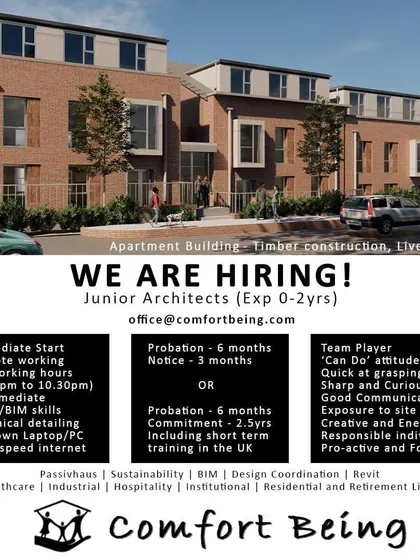 A remote work opportunity for a Junior Architect with Comfort Being, detailing the requirements for the UK-based role.