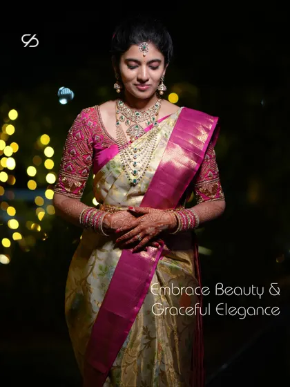 Embrace beauty and graceful elegance. My client looks radiant in her custom pink embroidered blouse, designed to perfectly match her traditional silk saree for her engagement.