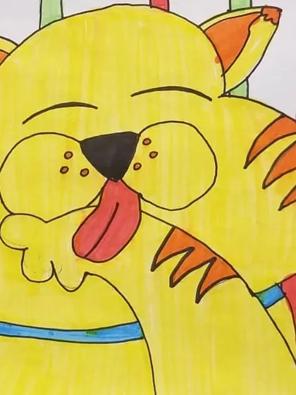 A very content cat cleaning its paw. We teach students to capture personality and action through simple lines and expressions in our animal cartooning lessons.