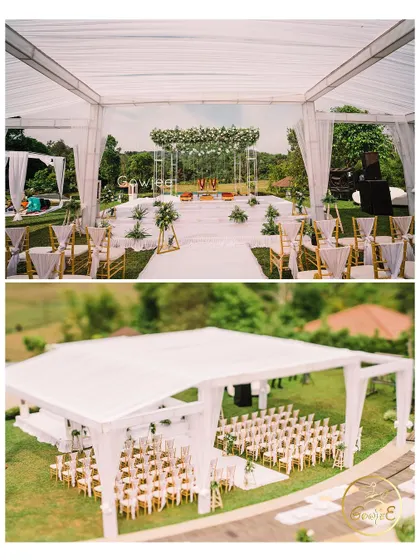An aerial and ground view of a beautiful white-themed outdoor wedding setup, showcasing the elegant tent and mandap.