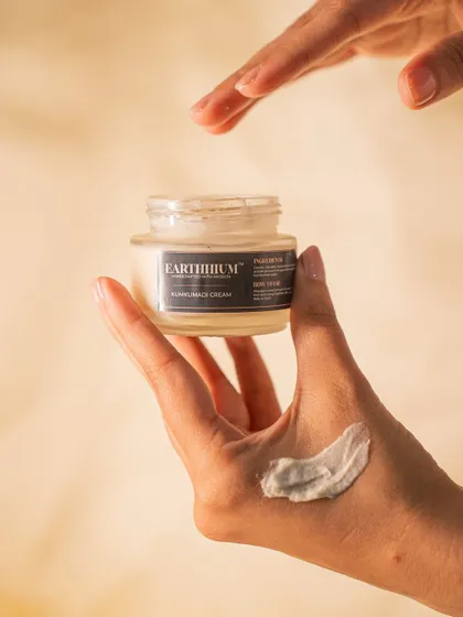 This is the texture of my Kumkumadi Cream, a lightweight formula made with natural ingredients. It's designed to nourish your skin, leaving it feeling soft and supple without any greasy residue.
