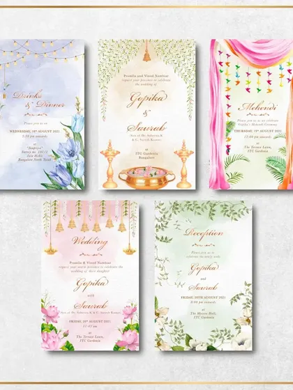 A collection of watercolor e-invitations for a multi-day wedding. Each card is inspired by the event's decor, from the blue florals for the cocktail dinner to the marigold theme for the Mehendi.