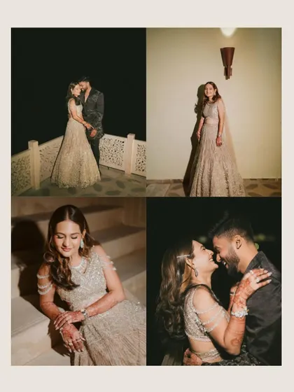 A collage of moments from Ria and Kashyap's evening celebration. The images capture both intimate close-ups and wider shots, showcasing the romantic ambiance of the night.