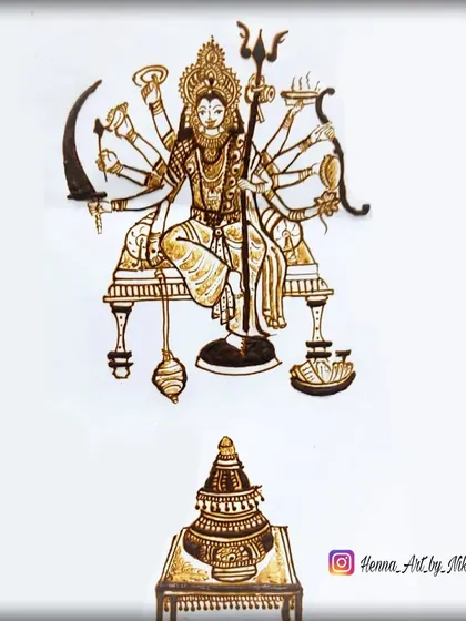 The completed drawing of Maa Durga with her Garbo, a sacred pot, before the dancers are added. This shows the central element of my Navratri henna paintings, highlighting the detailed linework of the Goddess.