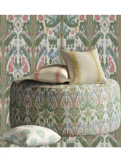 Delicate pastel hues and intricate ikat patterns blend seamlessly in the 'Marina' fabric. This swatch, in the 'Deep Sea' colourway, shows how I use soft, complex patterns for upholstery and cushions.