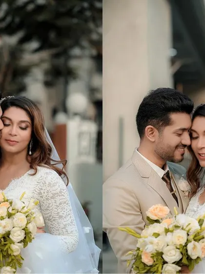 A romantic diptych of the couple sharing a kiss and a quiet moment, beautifully capturing the love and emotion of their wedding day.
