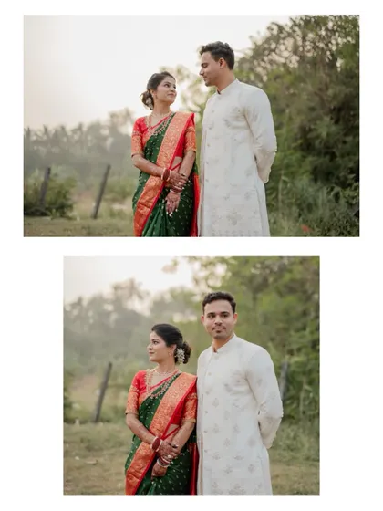 A classic two-photo collage of the couple posing for their engagement portraits in a natural outdoor location.