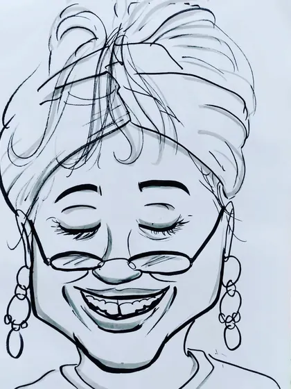 A caricature of a woman with her eyes closed, smiling. This portrait has a very peaceful and happy feel.