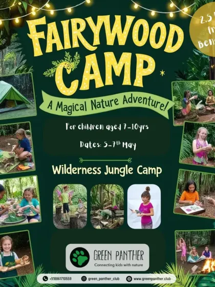 Welcome to our kids only Fairywood Camp. This poster captures the spirit of this magical adventure, where young explorers aged 7 to 10 can enjoy a weekend of independence, creativity, and jungle fun.