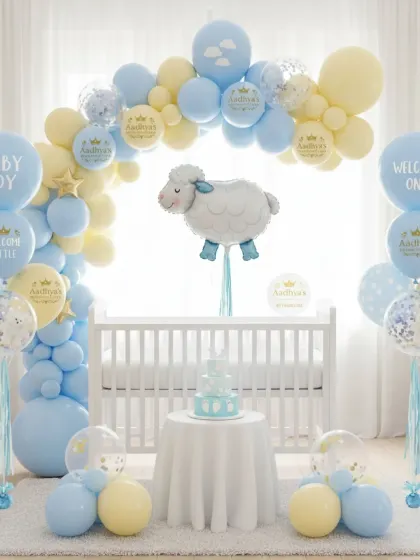 For a soft and sweet celebration, we designed this lamb-themed baby shower decor. The setup includes a gentle pastel balloon arch in blue and yellow framing the baby's crib, with a large sheep foil balloon as the centerpiece. This clean and elegant design is perfect for a godh bharai or a welcome home event.